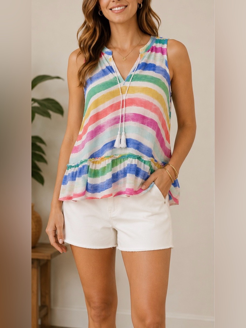Crown & Ivy Rainbow Stripe Linen Blend Boho Tank Small